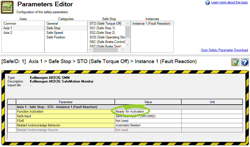 Parameters Editor with the Function Activation value circled